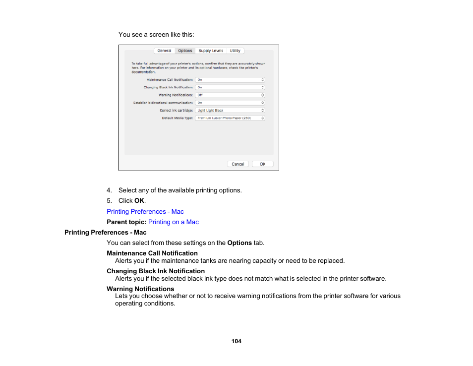 Printing preferences - mac | Epson SureColor P5000 Commercial Edition 17" Wide-Format Inkjet Printer User Manual | Page 104 / 198