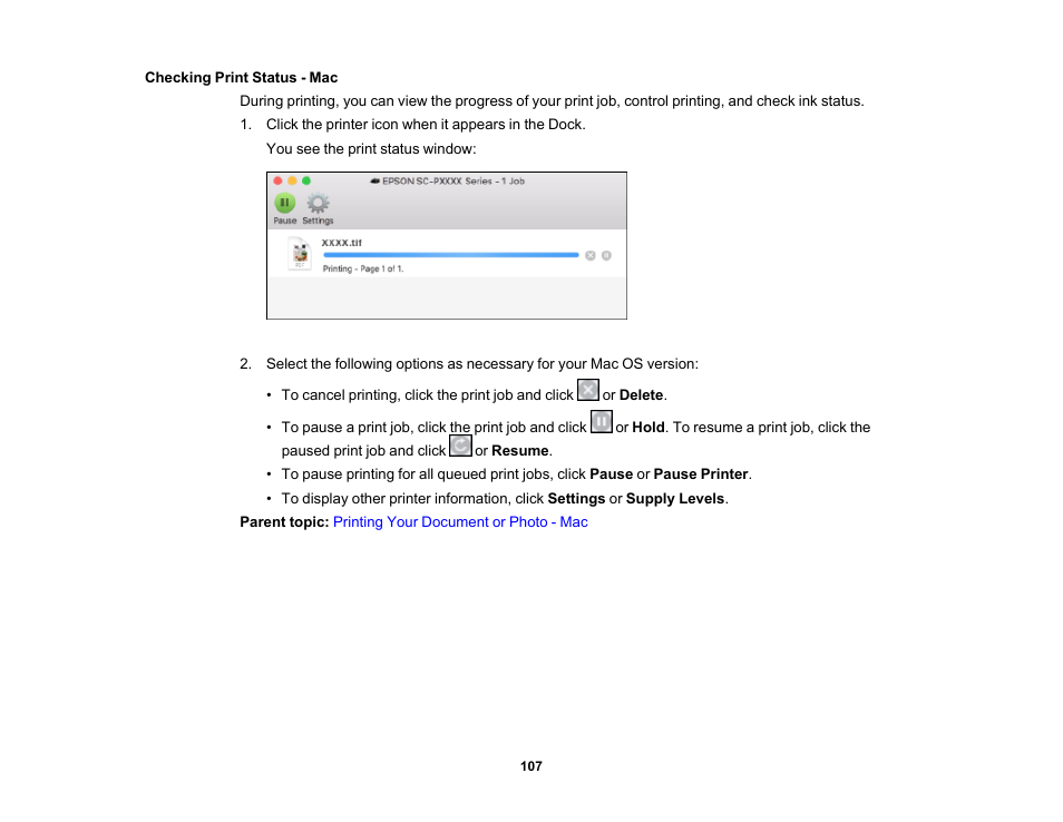 Checking print status - mac | Epson SureColor P5000 Commercial Edition 17" Wide-Format Inkjet Printer User Manual | Page 107 / 198