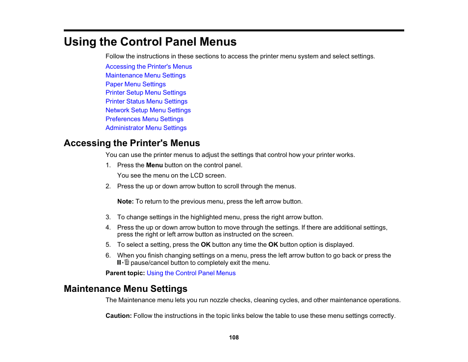 Using the control panel menus, Accessing the printer's menus, Maintenance menu settings | Epson SureColor P5000 Commercial Edition 17