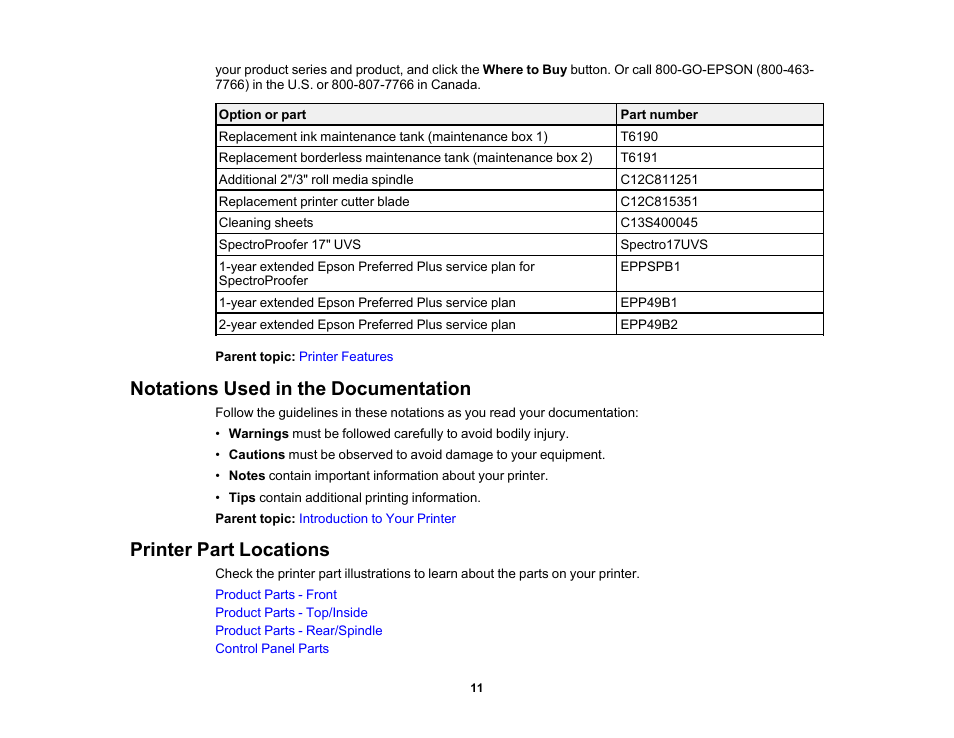 Notations used in the documentation, Printer part locations | Epson SureColor P5000 Commercial Edition 17" Wide-Format Inkjet Printer User Manual | Page 11 / 198