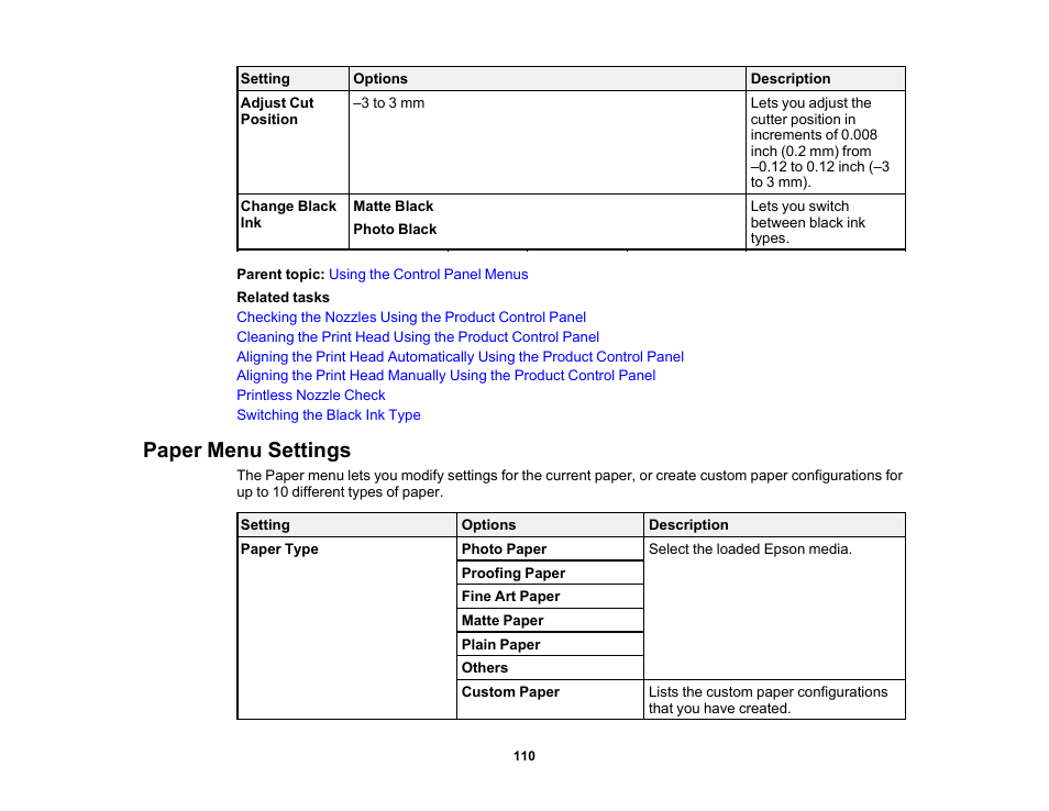 Paper menu settings | Epson SureColor P5000 Commercial Edition 17" Wide-Format Inkjet Printer User Manual | Page 110 / 198