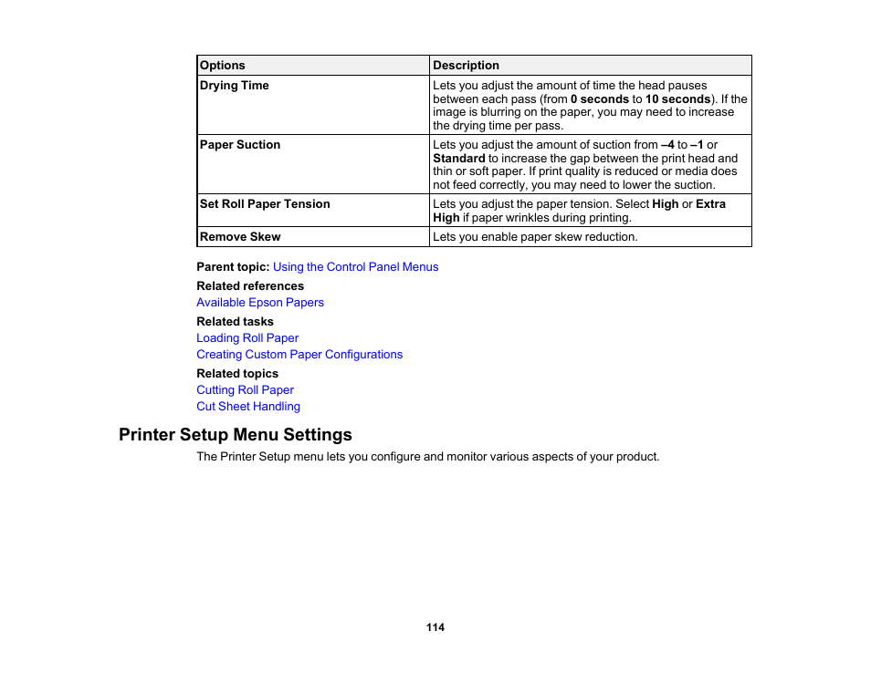 Printer setup menu settings | Epson SureColor P5000 Commercial Edition 17" Wide-Format Inkjet Printer User Manual | Page 114 / 198