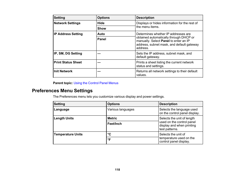 Preferences menu settings | Epson SureColor P5000 Commercial Edition 17" Wide-Format Inkjet Printer User Manual | Page 118 / 198