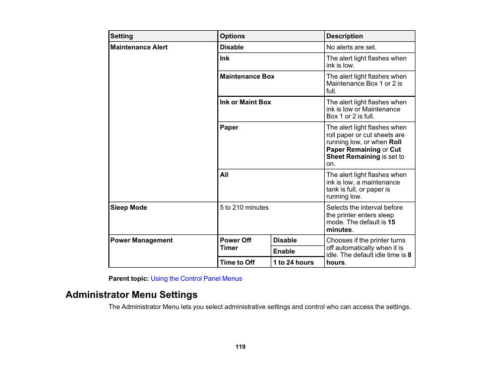 Administrator menu settings | Epson SureColor P5000 Commercial Edition 17" Wide-Format Inkjet Printer User Manual | Page 119 / 198