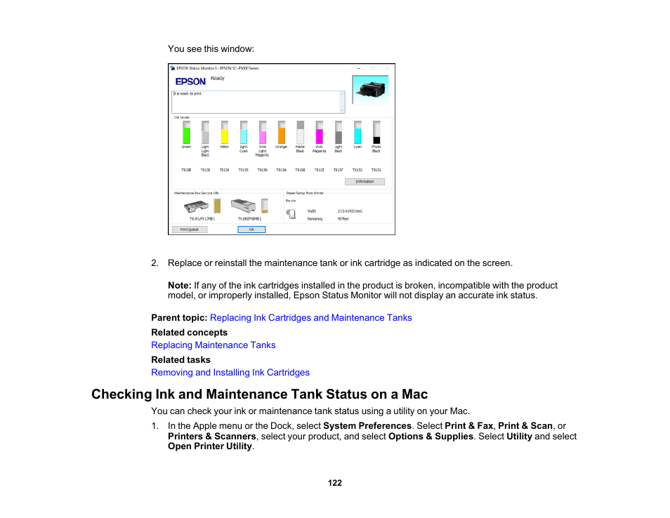 Checking ink and maintenance tank status on a mac | Epson SureColor P5000 Commercial Edition 17" Wide-Format Inkjet Printer User Manual | Page 122 / 198