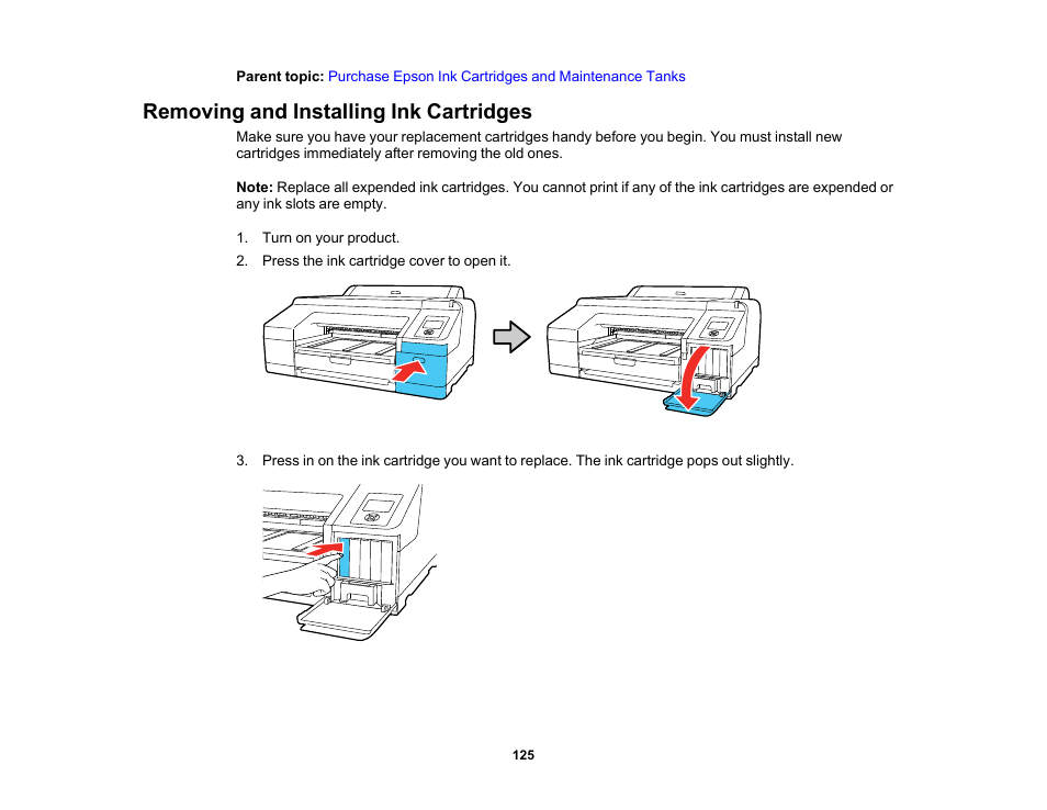 Removing and installing ink cartridges | Epson SureColor P5000 Commercial Edition 17" Wide-Format Inkjet Printer User Manual | Page 125 / 198