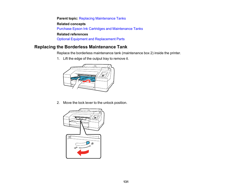 Replacing the borderless maintenance tank | Epson SureColor P5000 Commercial Edition 17" Wide-Format Inkjet Printer User Manual | Page 131 / 198