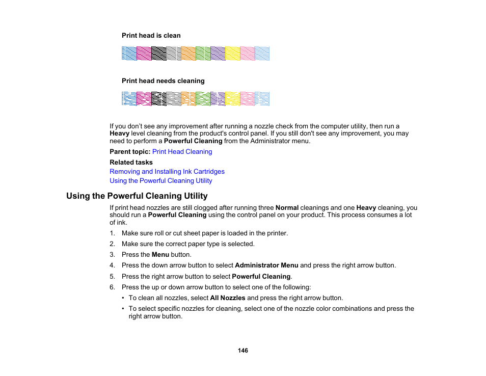 Using the powerful cleaning utility | Epson SureColor P5000 Commercial Edition 17" Wide-Format Inkjet Printer User Manual | Page 146 / 198