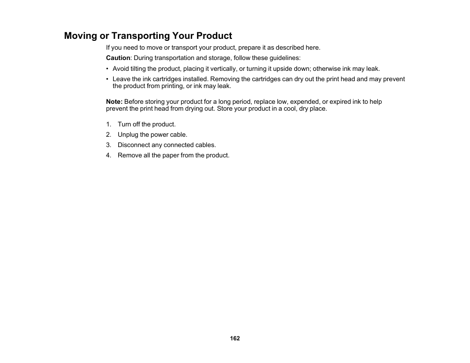 Moving or transporting your product | Epson SureColor P5000 Commercial Edition 17" Wide-Format Inkjet Printer User Manual | Page 162 / 198