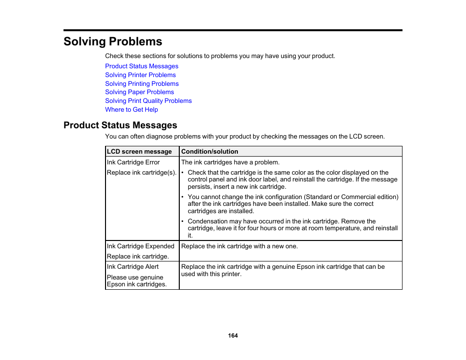 Solving problems, Product status messages | Epson SureColor P5000 Commercial Edition 17" Wide-Format Inkjet Printer User Manual | Page 164 / 198