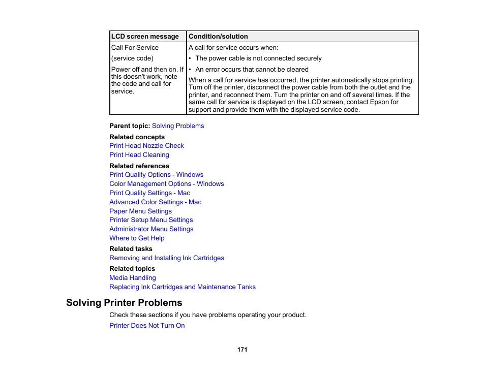 Solving printer problems | Epson SureColor P5000 Commercial Edition 17" Wide-Format Inkjet Printer User Manual | Page 171 / 198