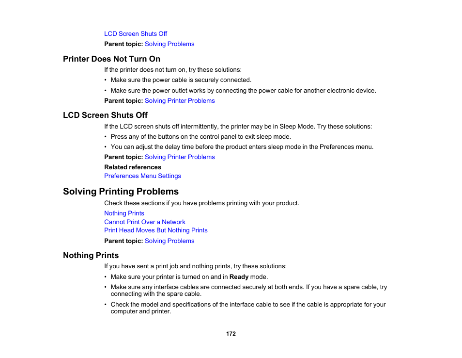 Printer does not turn on, Lcd screen shuts off, Solving printing problems | Nothing prints, Printer does not turn on lcd screen shuts off | Epson SureColor P5000 Commercial Edition 17" Wide-Format Inkjet Printer User Manual | Page 172 / 198