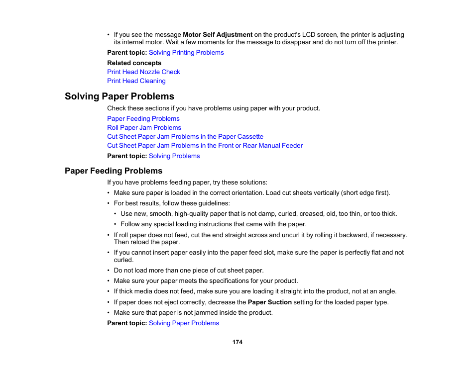 Solving paper problems, Paper feeding problems | Epson SureColor P5000 Commercial Edition 17" Wide-Format Inkjet Printer User Manual | Page 174 / 198