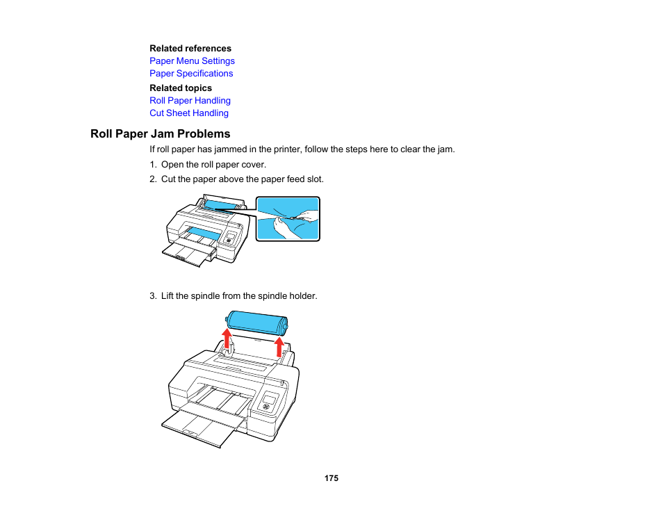 Roll paper jam problems | Epson SureColor P5000 Commercial Edition 17" Wide-Format Inkjet Printer User Manual | Page 175 / 198