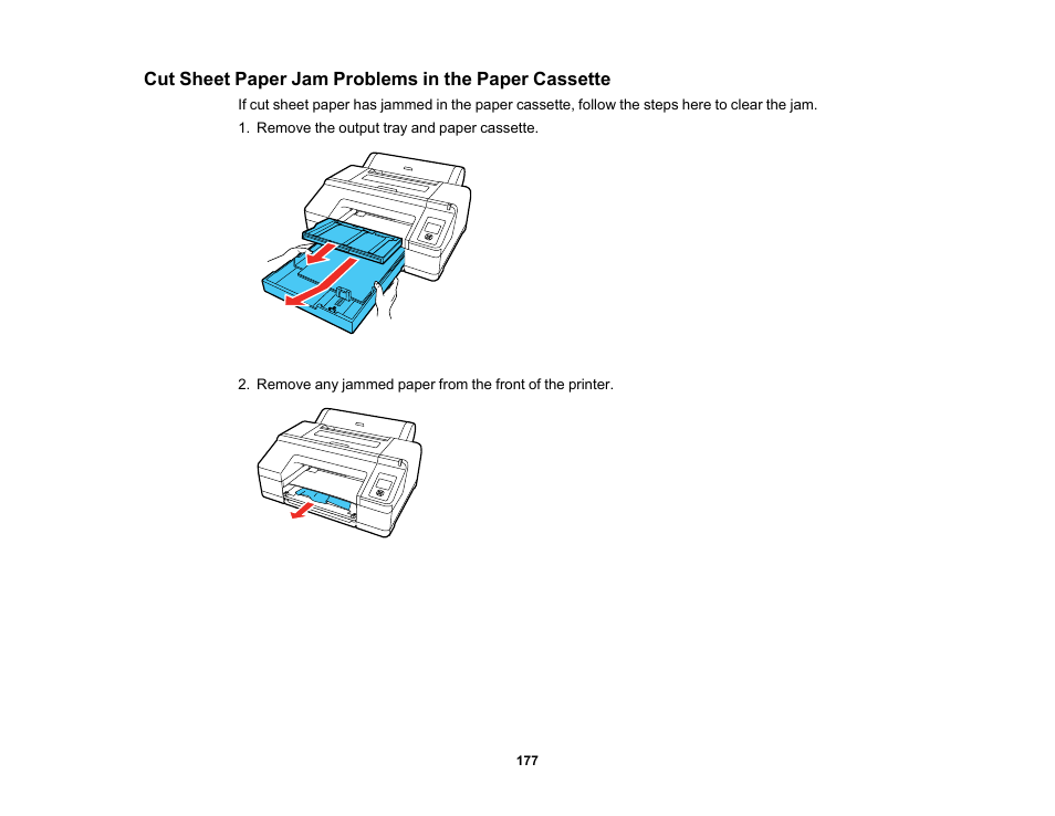 Cut sheet paper jam problems in the paper cassette | Epson SureColor P5000 Commercial Edition 17" Wide-Format Inkjet Printer User Manual | Page 177 / 198