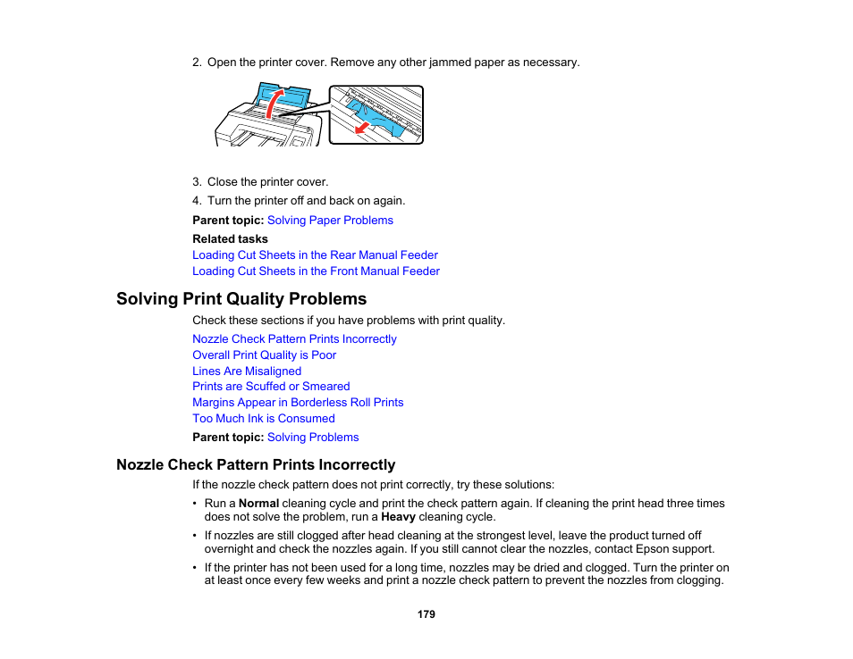 Solving print quality problems, Nozzle check pattern prints incorrectly | Epson SureColor P5000 Commercial Edition 17" Wide-Format Inkjet Printer User Manual | Page 179 / 198