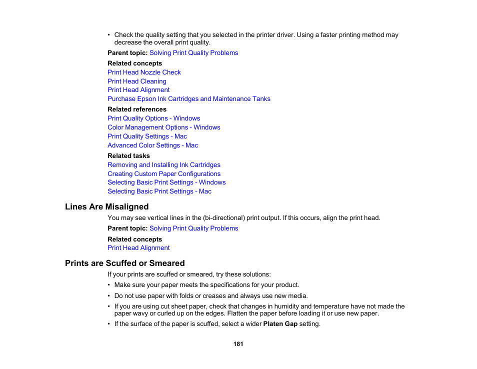 Lines are misaligned, Prints are scuffed or smeared, Lines are misaligned prints are scuffed or smeared | Epson SureColor P5000 Commercial Edition 17" Wide-Format Inkjet Printer User Manual | Page 181 / 198