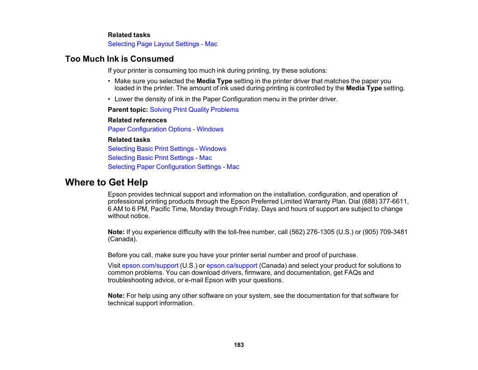 Too much ink is consumed, Where to get help | Epson SureColor P5000 Commercial Edition 17" Wide-Format Inkjet Printer User Manual | Page 183 / 198