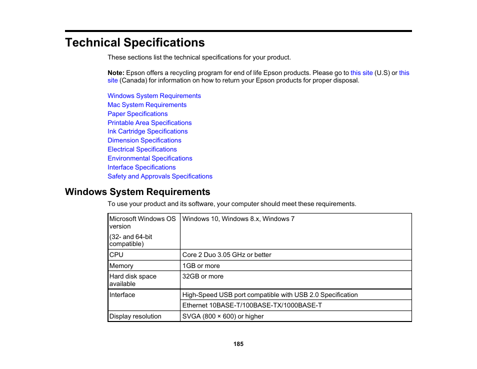 Technical specifications, Windows system requirements | Epson SureColor P5000 Commercial Edition 17" Wide-Format Inkjet Printer User Manual | Page 185 / 198