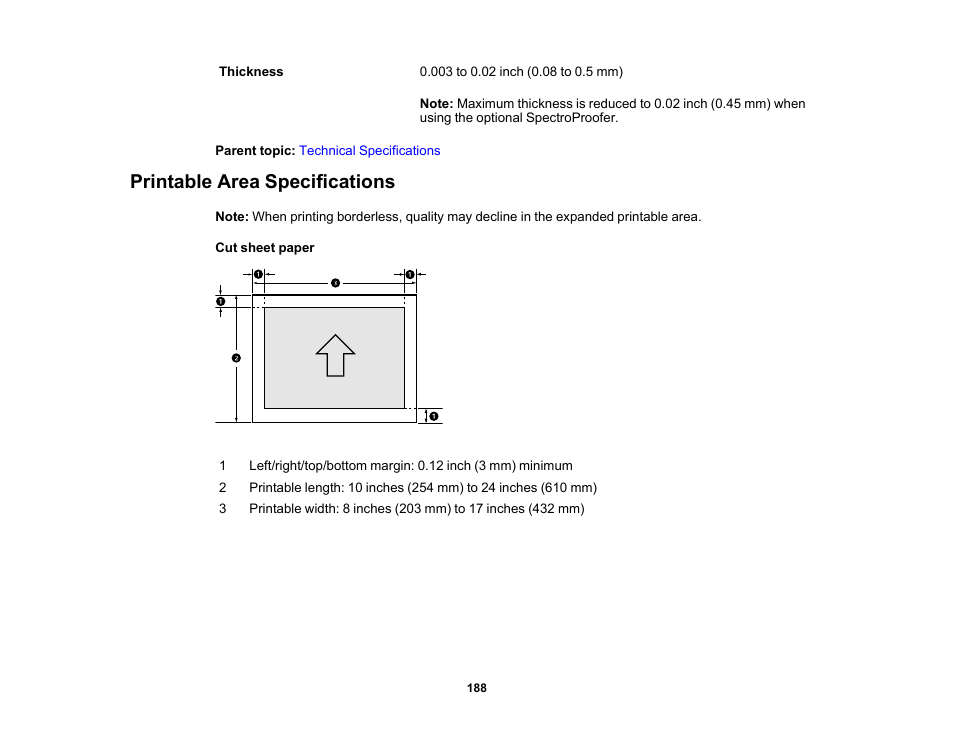 Printable area specifications | Epson SureColor P5000 Commercial Edition 17" Wide-Format Inkjet Printer User Manual | Page 188 / 198