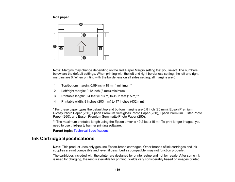 Ink cartridge specifications | Epson SureColor P5000 Commercial Edition 17" Wide-Format Inkjet Printer User Manual | Page 189 / 198