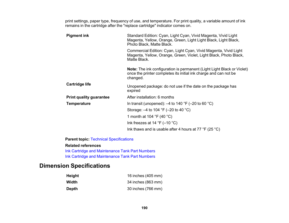 Dimension specifications | Epson SureColor P5000 Commercial Edition 17" Wide-Format Inkjet Printer User Manual | Page 190 / 198