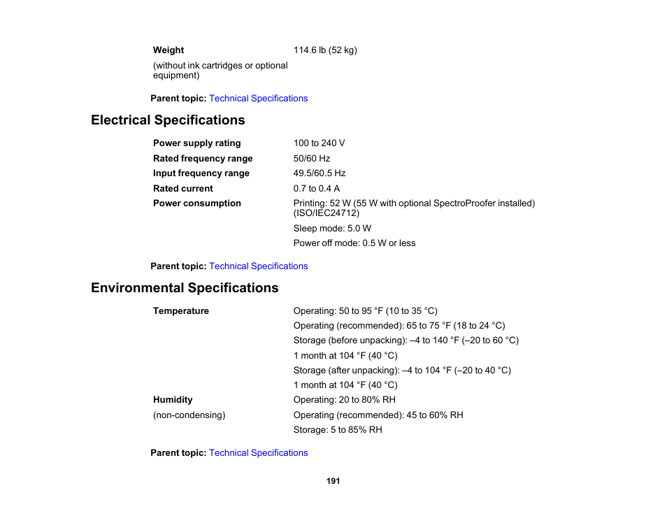 Electrical specifications, Environmental specifications | Epson SureColor P5000 Commercial Edition 17" Wide-Format Inkjet Printer User Manual | Page 191 / 198