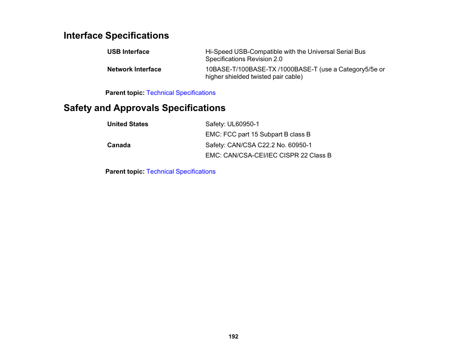 Interface specifications, Safety and approvals specifications | Epson SureColor P5000 Commercial Edition 17" Wide-Format Inkjet Printer User Manual | Page 192 / 198