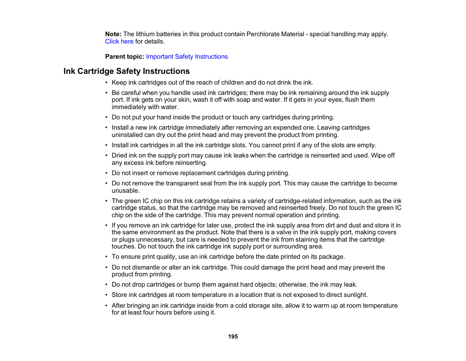 Ink cartridge safety instructions | Epson SureColor P5000 Commercial Edition 17" Wide-Format Inkjet Printer User Manual | Page 195 / 198