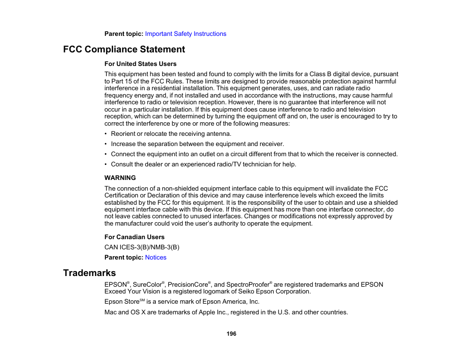 Fcc compliance statement, Trademarks, Fcc compliance statement trademarks | Epson SureColor P5000 Commercial Edition 17" Wide-Format Inkjet Printer User Manual | Page 196 / 198