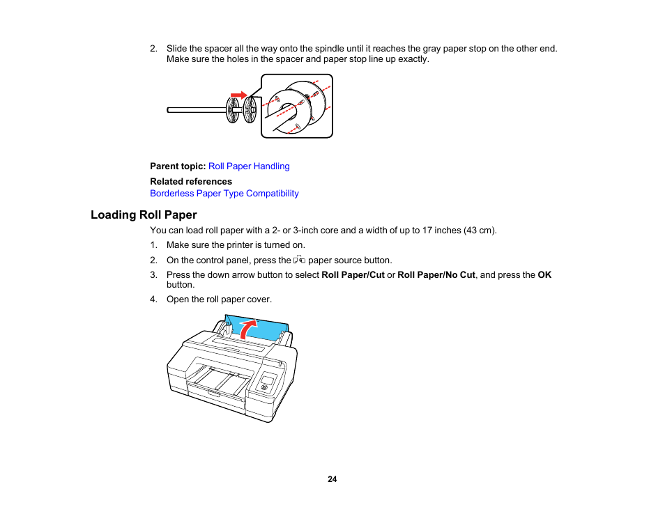 Loading roll paper | Epson SureColor P5000 Commercial Edition 17" Wide-Format Inkjet Printer User Manual | Page 24 / 198