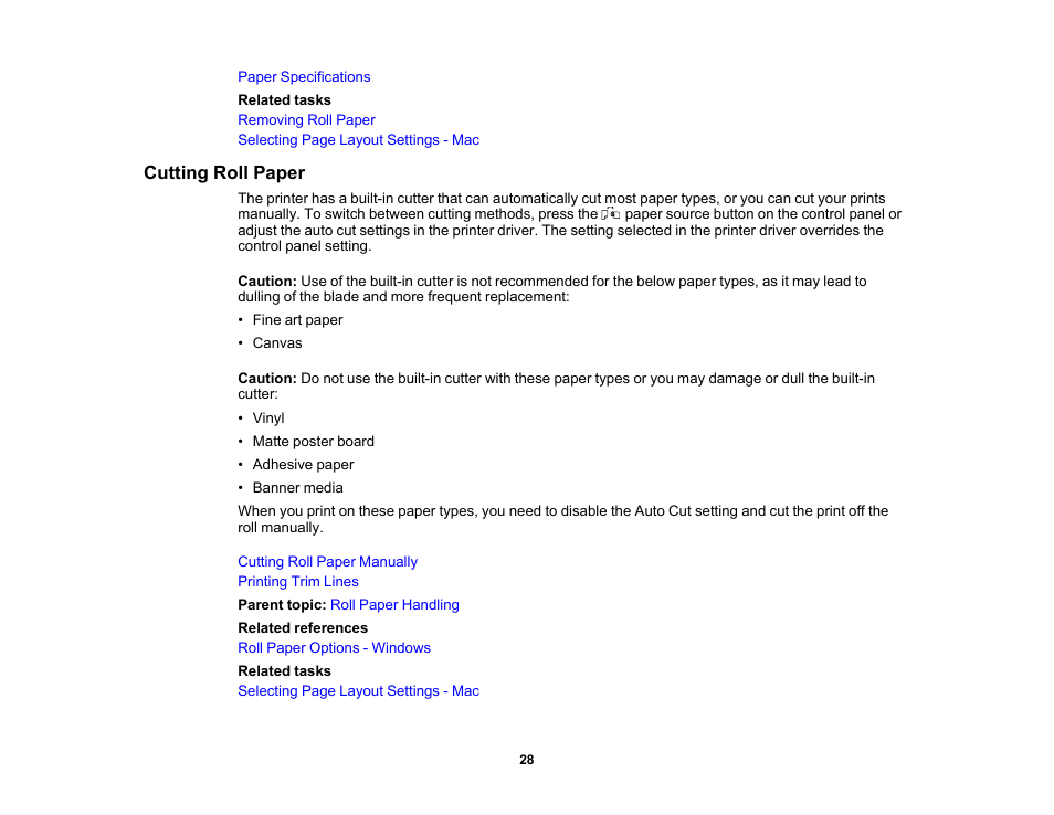 Cutting roll paper | Epson SureColor P5000 Commercial Edition 17" Wide-Format Inkjet Printer User Manual | Page 28 / 198