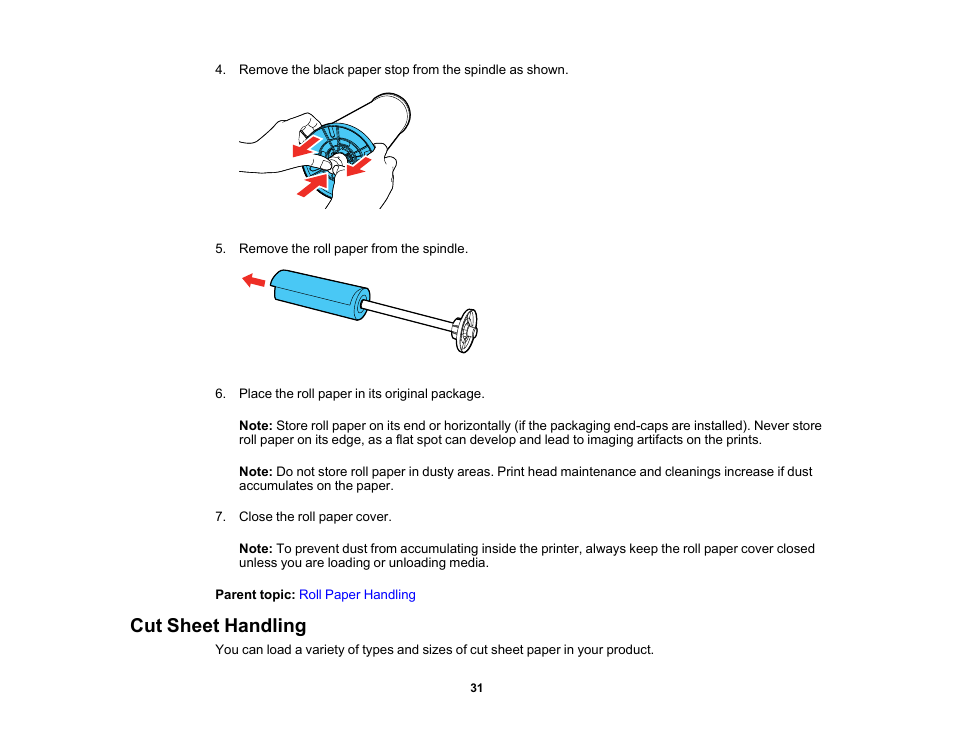 Cut sheet handling | Epson SureColor P5000 Commercial Edition 17" Wide-Format Inkjet Printer User Manual | Page 31 / 198