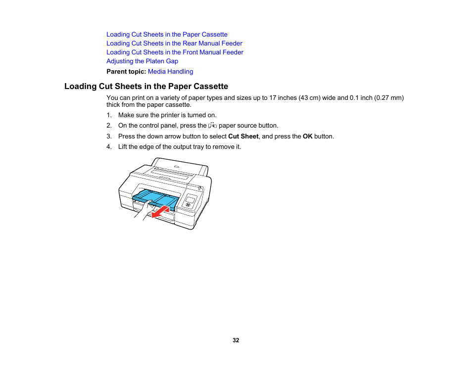 Loading cut sheets in the paper cassette | Epson SureColor P5000 Commercial Edition 17" Wide-Format Inkjet Printer User Manual | Page 32 / 198