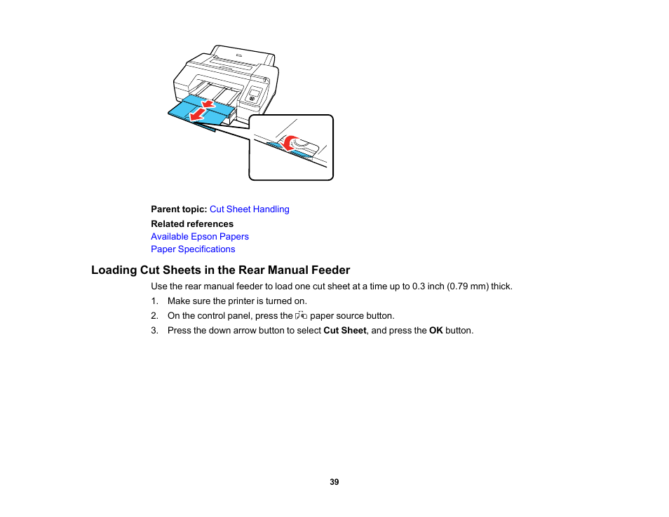 Loading cut sheets in the rear manual feeder | Epson SureColor P5000 Commercial Edition 17" Wide-Format Inkjet Printer User Manual | Page 39 / 198