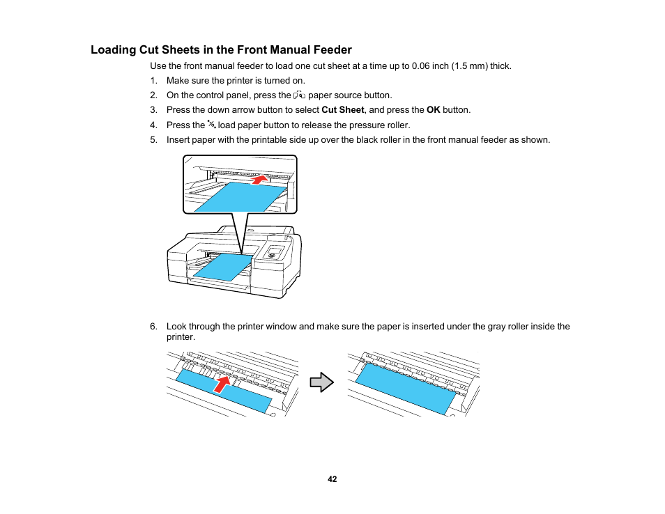 Loading cut sheets in the front manual feeder | Epson SureColor P5000 Commercial Edition 17" Wide-Format Inkjet Printer User Manual | Page 42 / 198