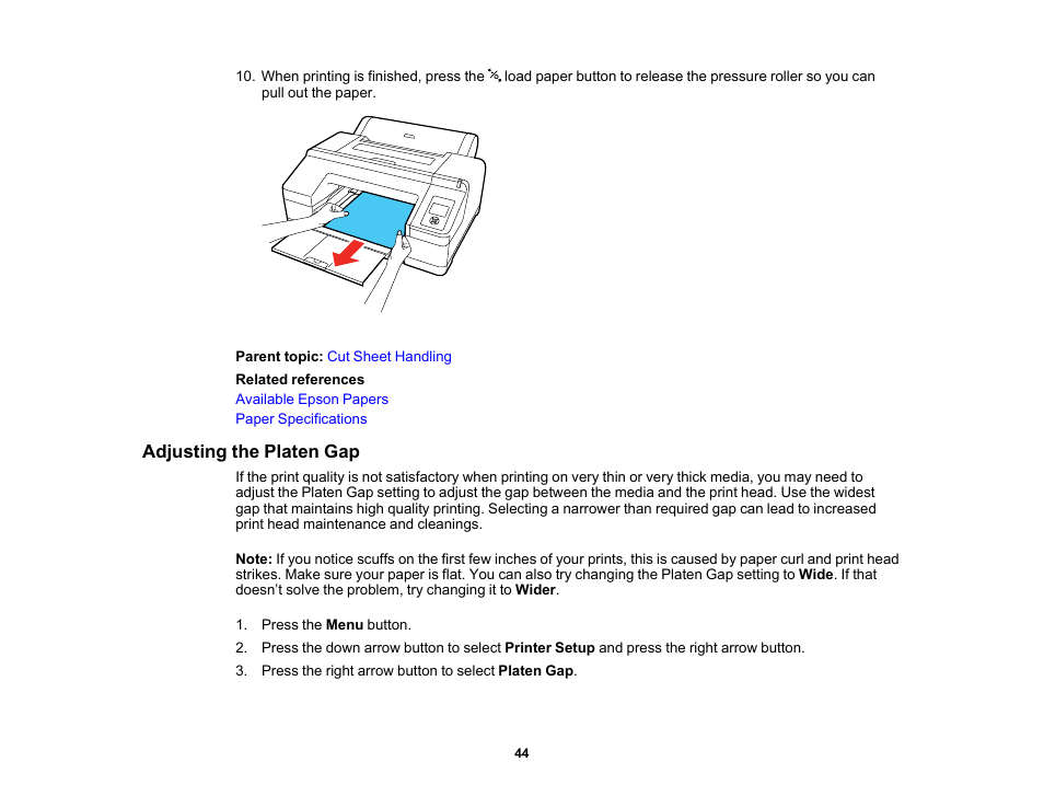 Adjusting the platen gap | Epson SureColor P5000 Commercial Edition 17" Wide-Format Inkjet Printer User Manual | Page 44 / 198