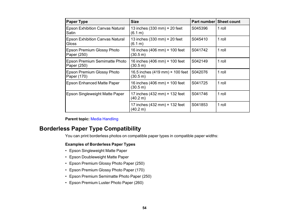 Borderless paper type compatibility | Epson SureColor P5000 Commercial Edition 17" Wide-Format Inkjet Printer User Manual | Page 54 / 198