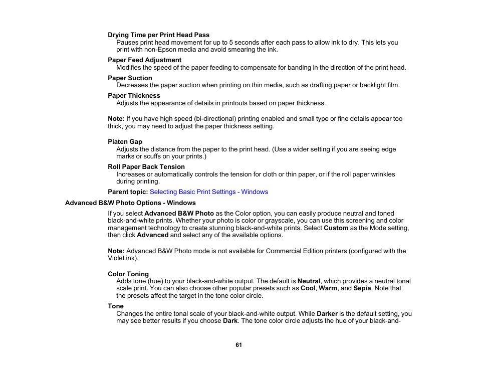 Advanced b&w photo options - windows | Epson SureColor P5000 Commercial Edition 17" Wide-Format Inkjet Printer User Manual | Page 61 / 198