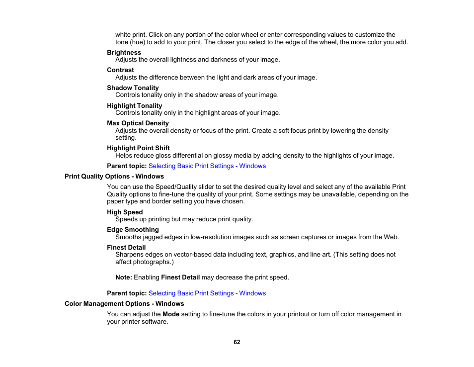 Print quality options - windows, Color management options - windows | Epson SureColor P5000 Commercial Edition 17" Wide-Format Inkjet Printer User Manual | Page 62 / 198