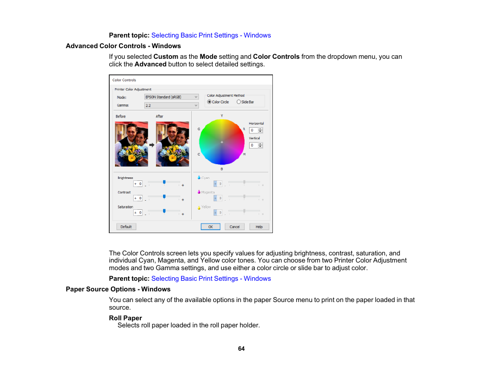 Advanced color controls - windows, Paper source options - windows | Epson SureColor P5000 Commercial Edition 17" Wide-Format Inkjet Printer User Manual | Page 64 / 198