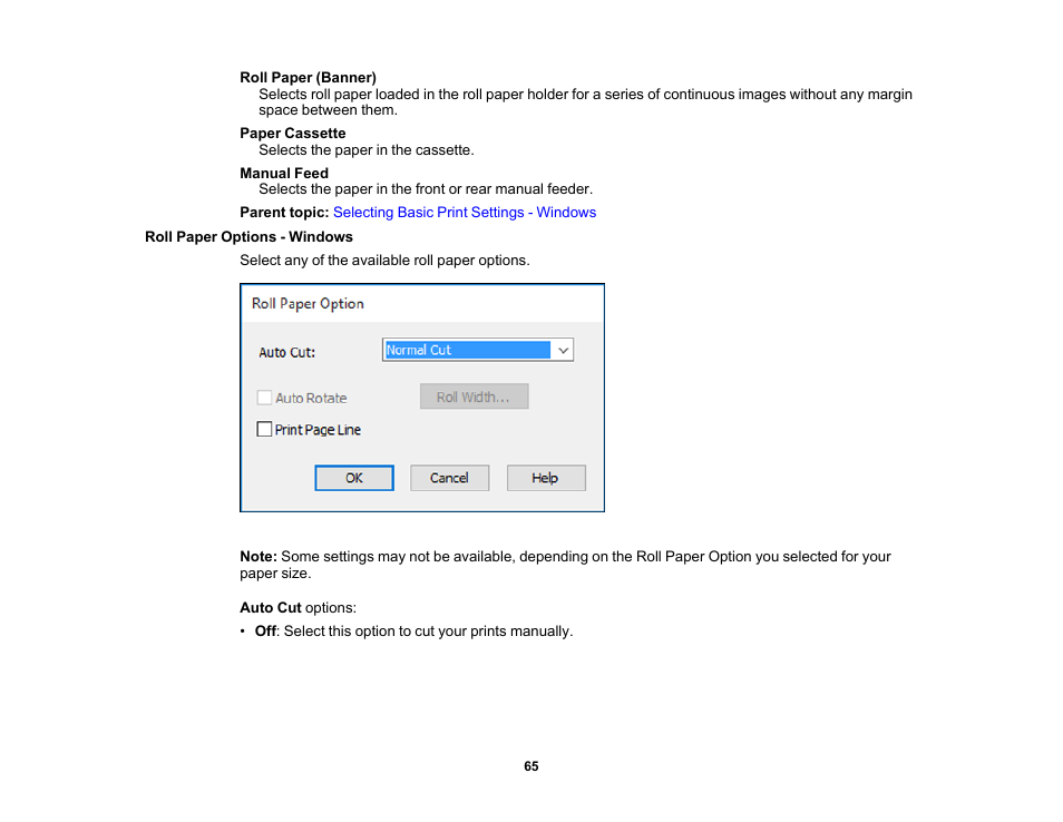 Roll paper options - windows | Epson SureColor P5000 Commercial Edition 17" Wide-Format Inkjet Printer User Manual | Page 65 / 198