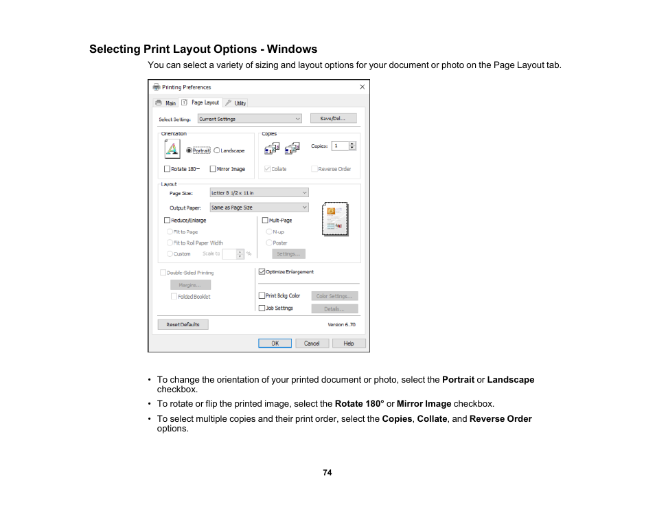 Selecting print layout options - windows | Epson SureColor P5000 Commercial Edition 17" Wide-Format Inkjet Printer User Manual | Page 74 / 198