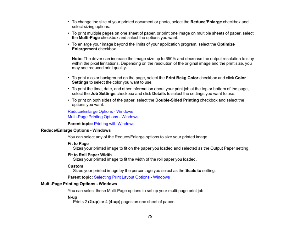 Reduce/enlarge options - windows | Epson SureColor P5000 Commercial Edition 17" Wide-Format Inkjet Printer User Manual | Page 75 / 198