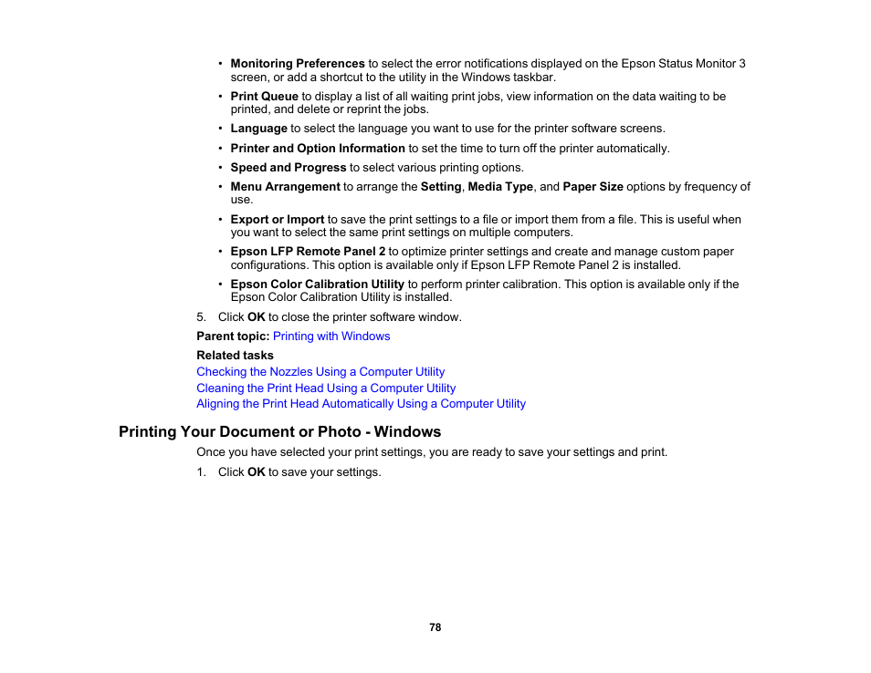 Printing your document or photo - windows | Epson SureColor P5000 Commercial Edition 17" Wide-Format Inkjet Printer User Manual | Page 78 / 198
