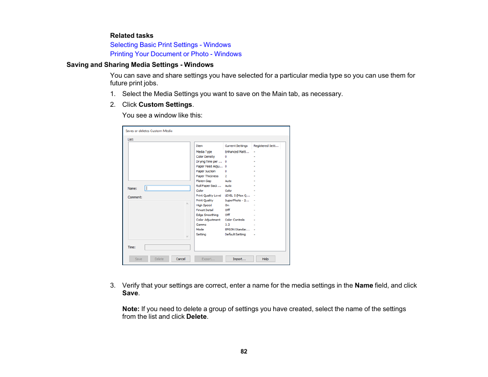 Saving and sharing media settings - windows | Epson SureColor P5000 Commercial Edition 17" Wide-Format Inkjet Printer User Manual | Page 82 / 198