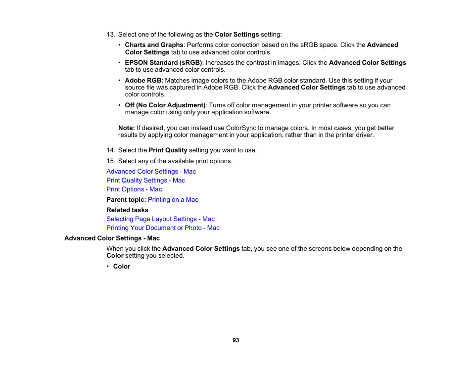 Advanced color settings - mac | Epson SureColor P5000 Commercial Edition 17" Wide-Format Inkjet Printer User Manual | Page 93 / 198