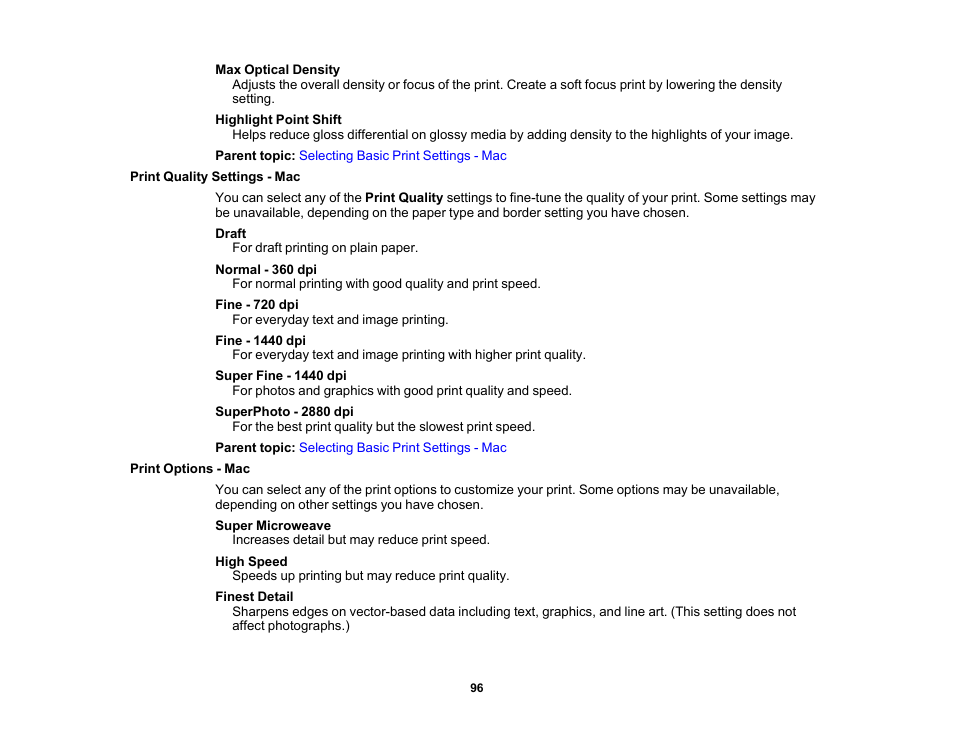 Print quality settings - mac, Print options - mac, Print quality settings - mac print options - mac | Epson SureColor P5000 Commercial Edition 17" Wide-Format Inkjet Printer User Manual | Page 96 / 198