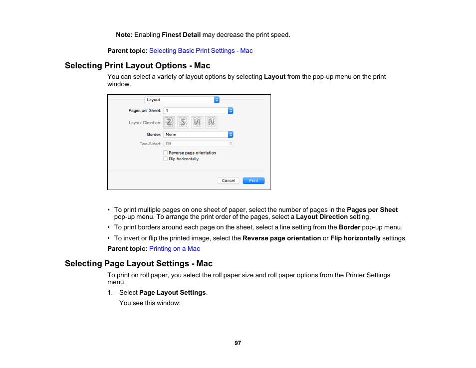 Selecting print layout options - mac | Epson SureColor P5000 Commercial Edition 17" Wide-Format Inkjet Printer User Manual | Page 97 / 198