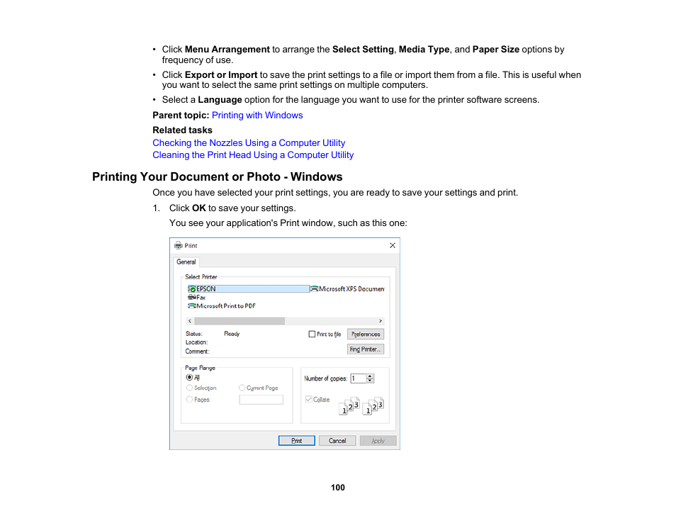 Printing your document or photo - windows | Epson SureColor T3170M 24" Wireless Printer, Scanner & Copier User Manual | Page 100 / 274